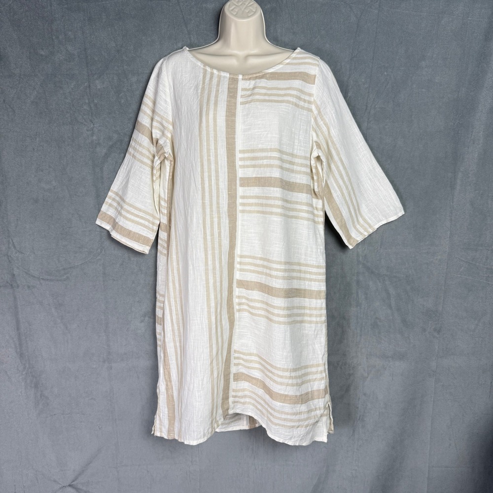 Soft Surroundings Linen Cotton Womens M Striped Tunic Dress Tan Lagenlook Beach